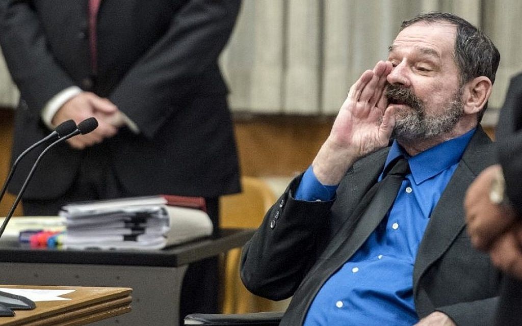 Frazier Glenn Miller yells at the jury after he was found guilty of one count of capital murder, three counts of attempted murder and assault and weapons charges for anti-Jewish shooting attacks in Overland, Kansas. (Allison Long/The Kansas City Star via AP, Pool)