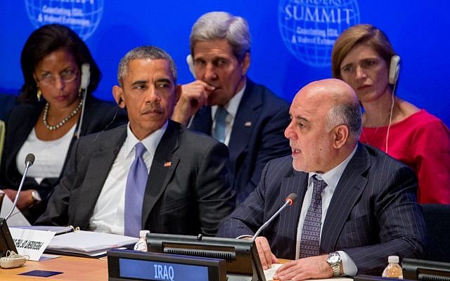 Barack Obama, accompanied by, rear, from left, National Security Adviser Susan Rice, Secretary of State John Kerry, and US Ambassador to the UN Samantha Power, right, listens as Iraqi PM Haider al-Abadi, seated next to Obama, speaks at a summit on IS at the UN in New York on Sept. 29, 2015. (AP/Andrew Harnik)