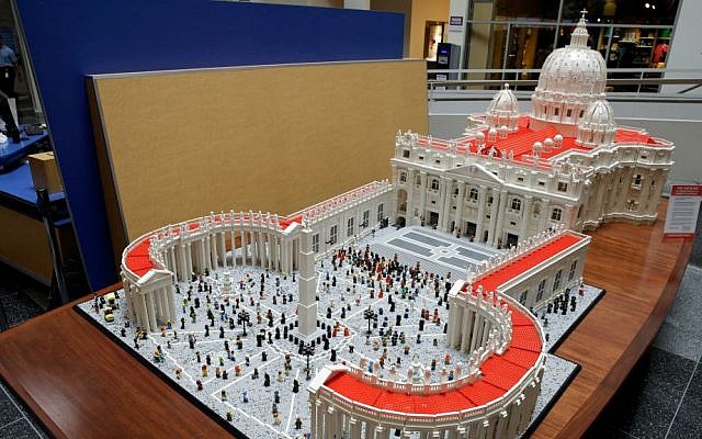 In this Friday, Sept. 11, 2015 photo, a Lego representation is shown of the St. Peter’s basilica and square, at The Franklin Institute in Philadelphia. (AP Photo/Matt Rourke)