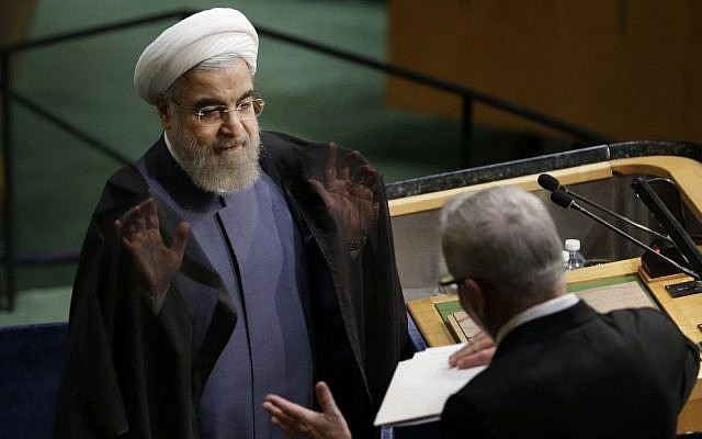 Hassan Rouhani finishes speaking during the 70th session of the United Nations General Assembly at UN headquarters, Monday, Sept. 28, 2015. (AP/Seth Wenig)