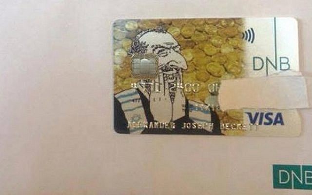 A credit card issued by the Norwegian bank DNB depicting an anti-Semitic caricature of a Jew. (screen capture/Facebook)