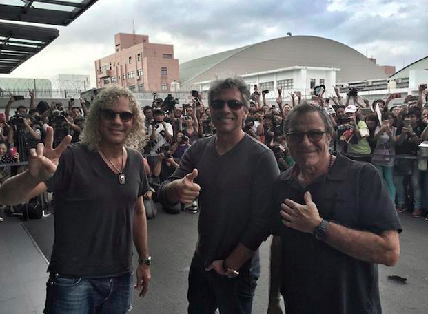 Jon Bon Jovi (center) and Bon Jovi band members in Taipei this week (Courtesy Bon Jovi Twitter feed)