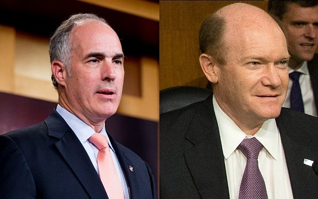Democratic senators Bob Casey, left, and Chris Coons both expressed support for the Iran nuclear deal on September 1, 2015. (AP Photos/Andrew Harnik)