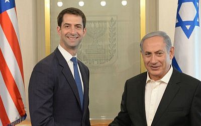 Sen. Tom Cotton with PM Netanyahu in his Jerusalem office, September 31, 2015 (Amos Ben Gershom/GPO)