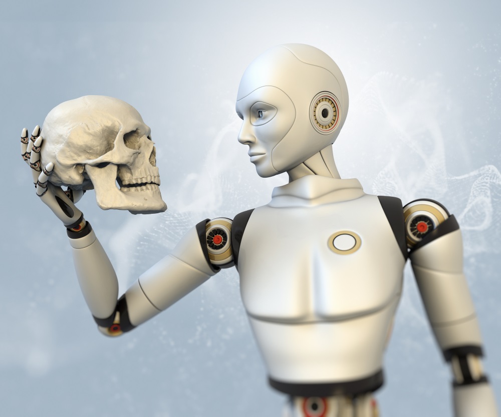 (Photo: Cyborg holding human skull image via Shutterstock) 