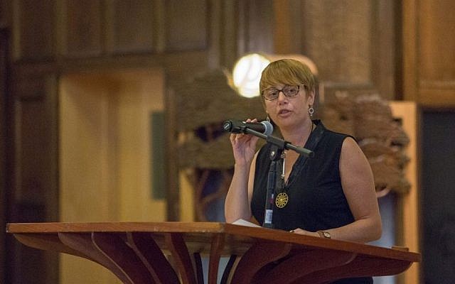 In this file photo, Idit Klein, Keshet President & CEO, addresses up to 200 attendees at a Memorial and Solidarity Gathering at Boston's Temple Israel on September 9, 2015. (Elan Kawesch/The Times of Israel)