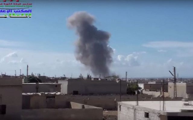 Still from a video purporting to show a Russian air strike on the northern Syrian village of Al-Lataminah on September 30, 2015. (screen capture: YouTube)