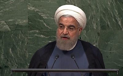 Iranian President Hassan Rouhani addresses the United Nations General Assembly in New York, September 26, 2015 (screen capture: YouTube)