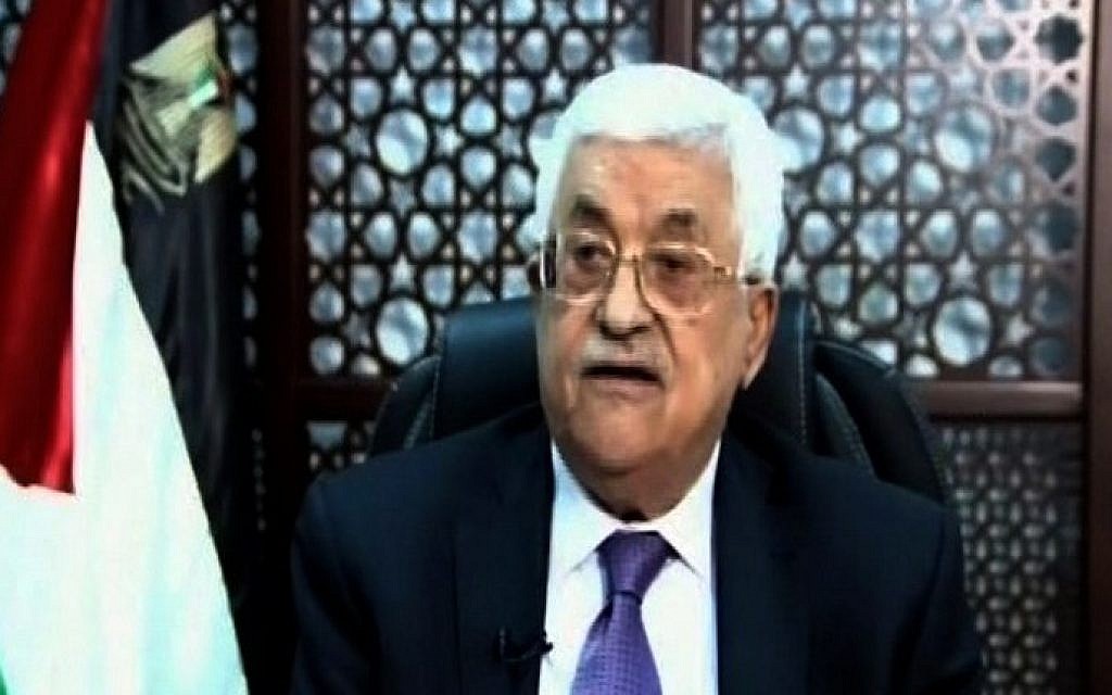 A screen capture from Palestinian TV shows PA President Mahmoud Abbas delivering a speech on October 14, 2015, in the West Bank city of Ramallah. (Palestinian TV/AFP)