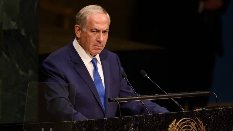Prime Minister Benjamin Netanyahu pauses in silence as he addresses the 70th session of the United Nations General Assembly October 1, 2015 at the United Nations in New York (AFP PHOTO/DON EMMERT)