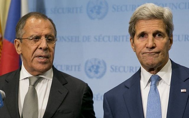 United States Secretary of State John Kerry (R) and Russian Foreign Minister Sergey Lavrov speak to the media after a meeting concerning Syria at the United Nations headquarters in New York on September 30, 2015. (Dominick Reuter/AFP)