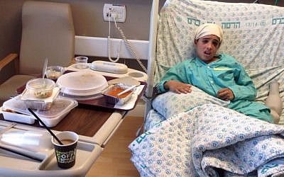 Ahmad Manasra, one of two cousins who went on a stabbing spree in Jerusalem on October 12, 2015 is seen at the Hadassah Ein Kerem Hospital in Jerusalem on October 15, 2015. Manasra was hit by a car while fleeing from the scene of the attack. (Courtesy)