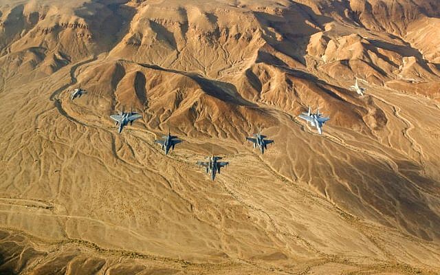 Israeli and foreign fighter jets fly in formation over the Negev Desert during the 'Blue Flag' exercise at Ovda Airfield near Eilat on October 21, 2015. (Israeli Air Force)
