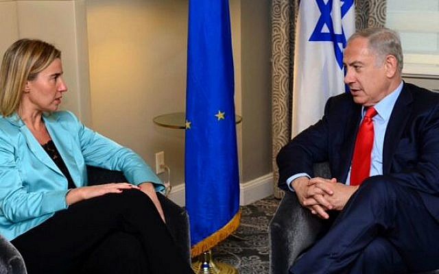 EU foreign policy chief Federica Mogherini (left) meets with Prime Minister Benjamin Netanyahu in New York, September 30, 2015. (Courtesy PMO)