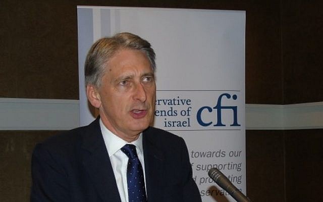 Newly appointed British chancellor of the exchequer, Philip Hammond, addresses the Conservative Friends of Israel, Manchester, October 6, 2015. (Conservative Friends of Israel)