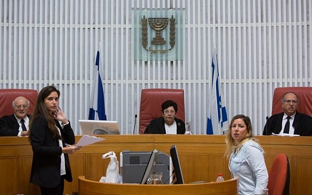 Israel Supreme Court Chief Justice Miriam Naor (seated, center) during a court hearing, October 29, 2015. (Yonatan Sindel/Flash90)