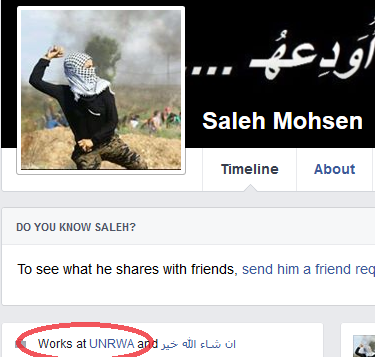Saleh Mohsen, who identifies as an UNRWA employee, changed his profile picture recently to that of a Palestinian rock thrower. (Courtesy UN Watch)