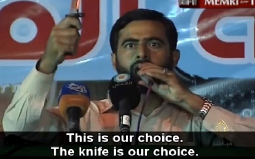 Hamas spokesman and MP Mushir al-Masri calls for more knife attacks in Jerusalem and the West Bank, October 9, 2015, during a televised speech in Gaza. (Screenshot/MEMRI)