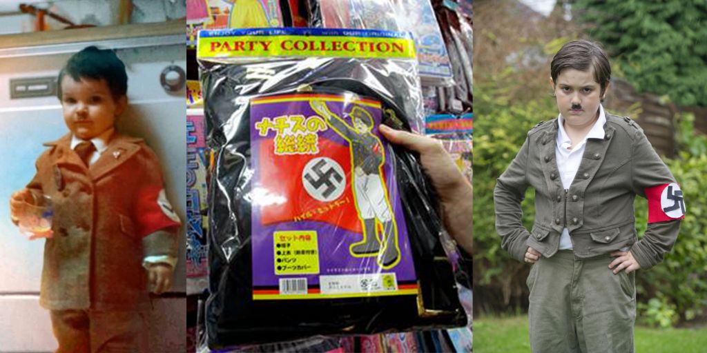 Japan's popular Hitler costume, with "Heil Hitler" written in Japanese (center), flanked by two widely shared photo of children dressed like Hitler (public domain)