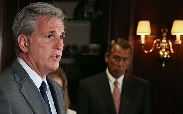 House Majority Leader Kevin McCarthy, R-California, speaking at Republican Party headquarters in Washington, DC, July 22, 2015. (Mark Wilson/Getty Images/via JTA)