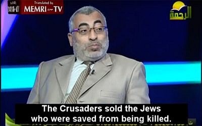 Islamic history professor Yusri Ahmad Zidan presents his version of Jewish history during a show on Egyptian TV channel Al-Rahma on October 27, 2015, according to watchdog group MEMRI (screen capture: YouTube)