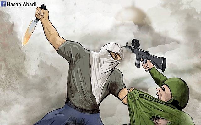 A caricature by Hasan Abadi encourages Palestinians to stab Israeli soldiers [Facebook image]