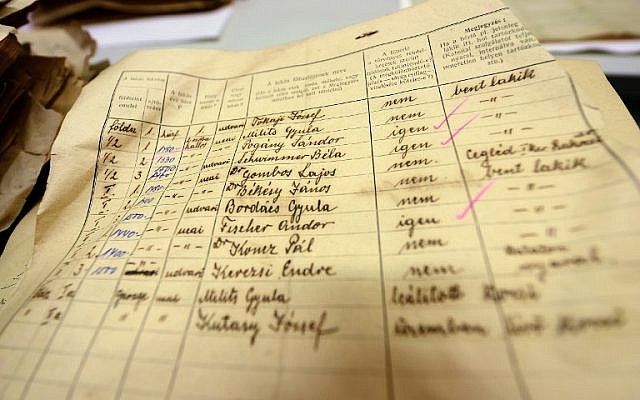 A document with names dating from 1944 that is part of around 6,300 census forms of Budapest's then Jewish population is pictured at Budapest City Archives in Budapest on November 12, 2015. (AFP PHOTO/ATTILA KISBENEDEK)