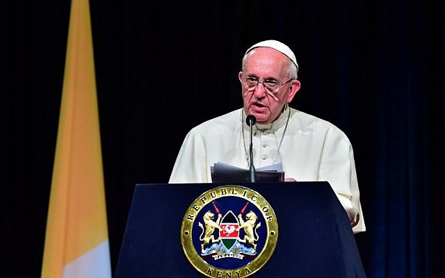 Pope Francis delivers a speech at the State House of Nairobi on November 25, 2015. (Photo by AFP Photo/Giuseppe Cacace)