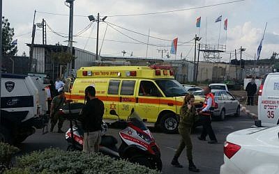 Magen David Adom medics and ambulances at the entrance to the West Bank city of Beitar Illit following a stabbing attack, November 8, 2015. (MDA)