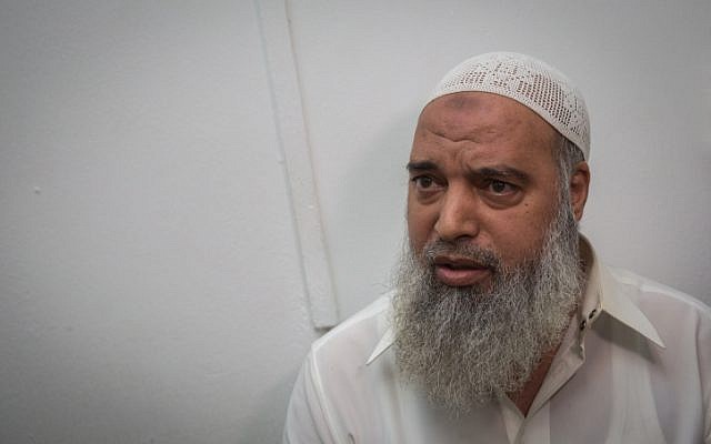 Sheikh Khaled al-Mughrabi at the Jerusalem Magistrate's Court after being arrested for inciting against Israelis and Jews, on November 4, 2015. (Hadas Parush/Flash90)