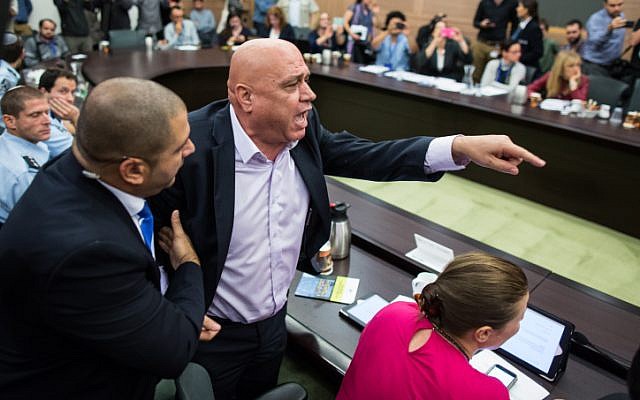 Meretz MK Issawi Frij is escorted out from a debate regarding the Israeli Jewish anti-assimilation "Lehava" organization at the Interior Affairs committee meeting in the Israeli parliament on November 10, 2015. (Yonatan Sindel/FLASH90 )