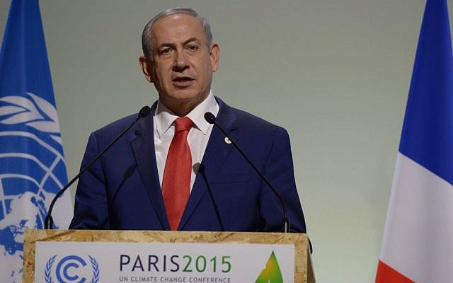 Prime Minister Benjamin Netanyahu speaks during the COP21, United Nations Climate Change Conference, in Le Bourget, outside Paris on November 30, 2015. (Amos Ben Gershom/GPO)