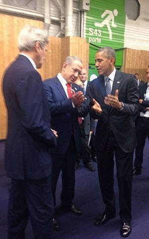 Prime Minister Benjamin Netanyahu meets with US President Barack Obama and Secretary of State John Kerry on the sidelines of a UN climate summit in Paris on Monday, November 30, 2015 