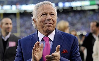Owner Robert Kraft of the New England Patriots clapping his hands as he walks off the field prior to a game against the New York Giants at MetLife Stadium in East Rutherford, New Jersey, November 15, 2015. (Nick Cammett/Diamond Images via Getty Images/via JTA)