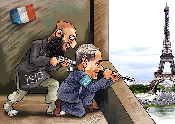 An Iranian cartoon depicts Prime Minister Benjamin Netanyahu aiding an Islamic State shooter in Paris.