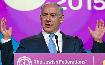 Prime Minister Benjamin Netanyahu addresses the Jewish Federations General Assembly in Washington DC on November 10, 2015. (Ron Sachs, JFNA)