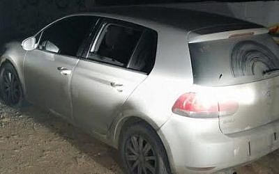 The car that the Shin Bet says was used in the November 13 terror attack in the West Bank that killed Rabbi Yaakov Litman and his teenage son Netanel. (Courtesy Shin Bet)