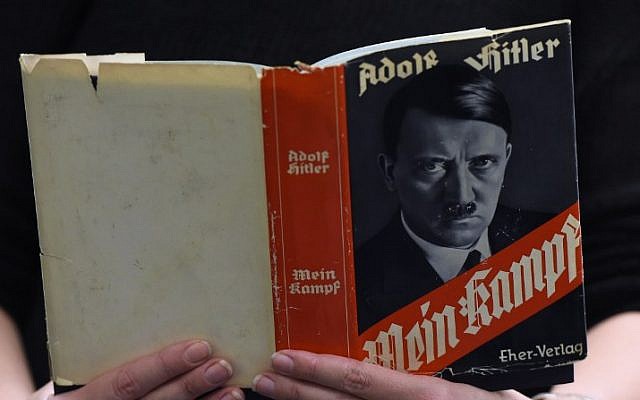 A German edition of Adolf Hitler's 'Mein Kampf' at the Berlin Central and Regional Library (Zentrale Landesbibliothek, ZLB), December 7, 2015. (AFP/Tobias Schwarz)