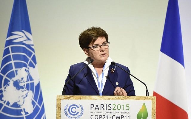 Polish Prime Minister Beata Szydlo delivers a speech during the opening day of the World Climate Change Conference 2015 (COP21), on November 30, 2015 at Le Bourget, on the outskirts of the French capital Paris. (Alain Jocard/AFP)