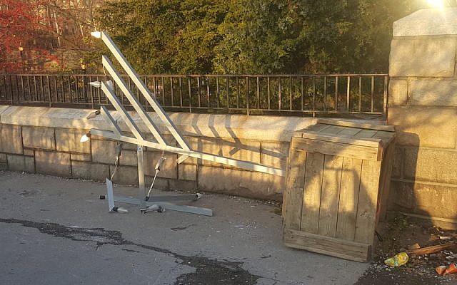 The menorah in New York City's Carl Shurz Park was found vandalized on December 7, 2015.(Chabad.org)