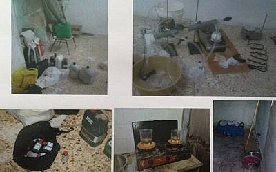 The Shin Bet security service reveals photographs of a  laboratory allegedly used by Hamas operatives to create explosive devices for use in suicide bombings and other terror attacks in the West Bank, December 23, 2015. (Courtesy)