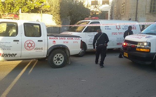 Ambulances arrive at the scene of a stabbing attack near the Tomb of the Patriarchs in Hebron on December 7, 2015. (Magen David Adom)