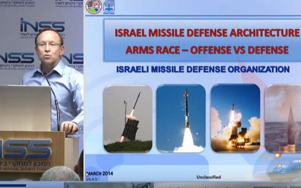 Director of Israel's missile defense program Yair Ramati during a presentation, 2014. (screen capture: YouTube/TAUVOD)