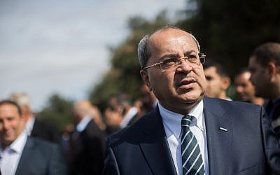 MK Ahmad Tibi, member of the Joint (Arab) List, is seen during a protest with heads of Arab regional councils outside the Knesset in Jerusalem on November 17, 2015 (Yonatan Sindel/Flash90)