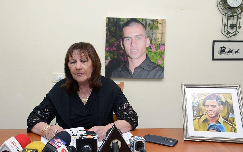 Zehava Shaul, Mother of Oron Shaul, speaks during a press conefrence at her home in Poria Illit, December 13, 2015. (Photo by Basel Awidat/Flash90)