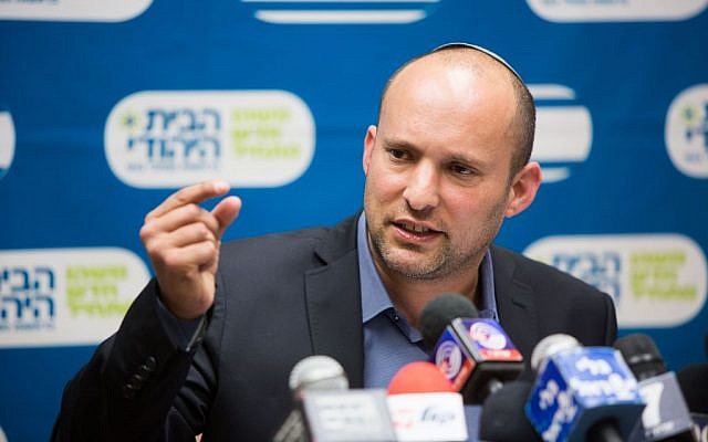 Education Minister Naftali Bennett, head of the Jewish Home party, leads the weekly faction meeting at the Knesset, December 21, 2015. (Yonatan Sindel/Flash90)