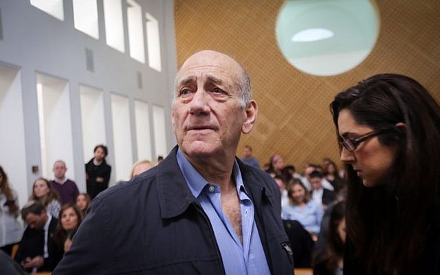 Former prime minister Ehud Olmert at the Supreme Court in Jerusalem on December 29, 2015. (Gil Yohanan/Pool)