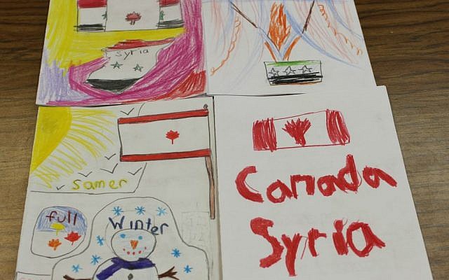 Cards welcoming Syrian refugees created by students at Paul Penna Downtown Jewish Day School in Toronto, December 2015. (Courtesy)