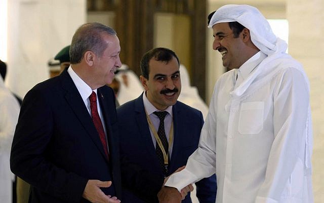 Turkey's President Recep Tayyip Erdogan and Qatar's Emir Tamim bin Hamad Al Thani speak during a ceremony in Doha, Qatar, December 2, 2015. (AP/Yasin Bulbul, Presidential Press Service, Pool/ File)