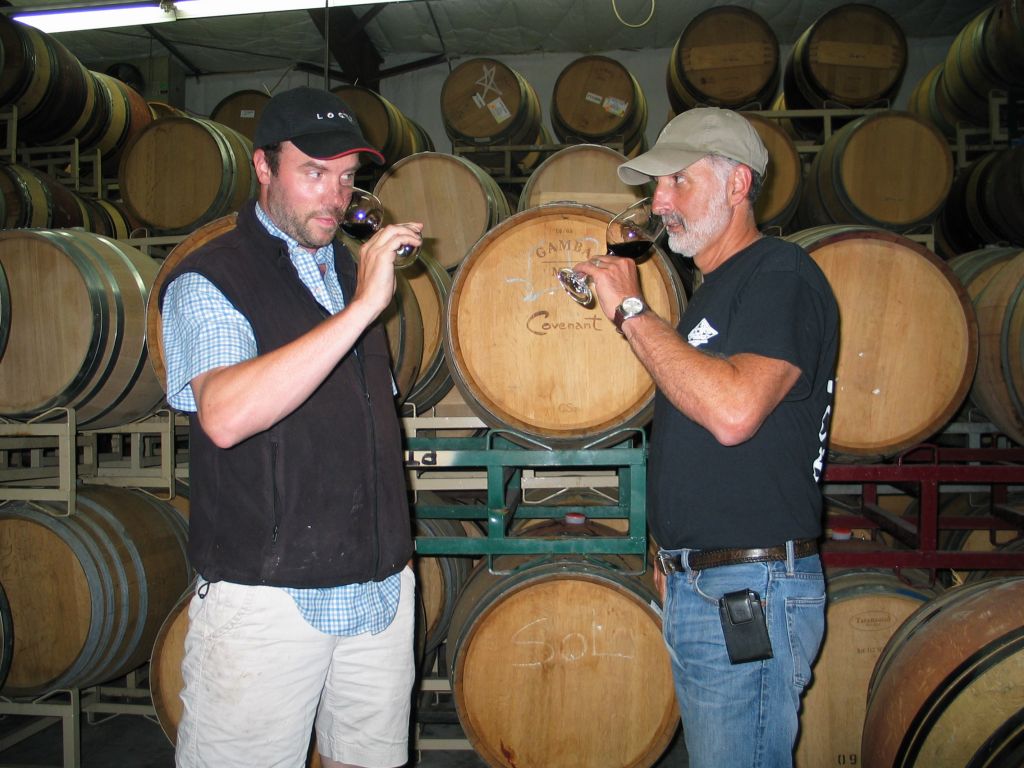 Jeff Morgan (right) with associate winemaker Jonathan Hajdu tasting the fruits of their labor at the Covenant Winery, Berkeley, California (Steve Goldfinger)